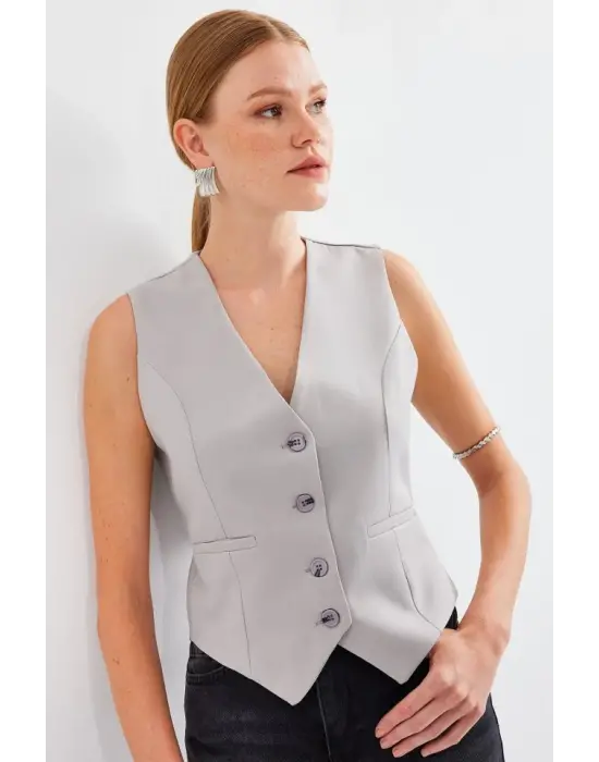 6796 Kısa Dokuma Yelek - Gri