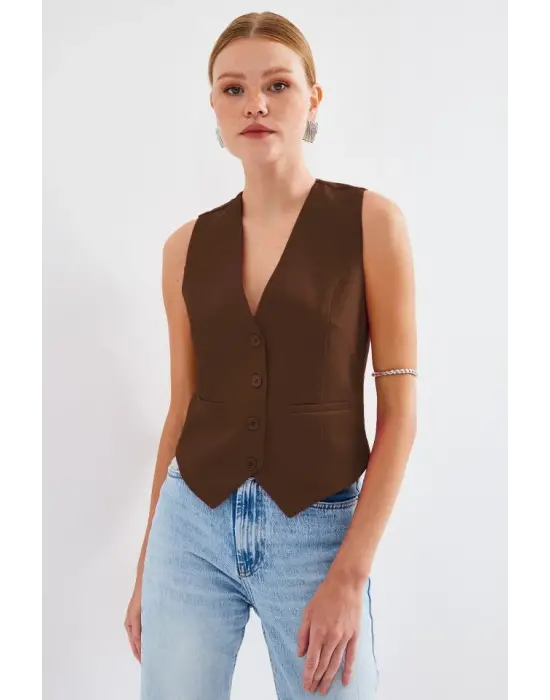 6796 Kısa Dokuma Yelek - Kahverengi