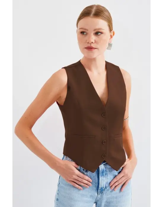 6796 Kısa Dokuma Yelek - Kahverengi