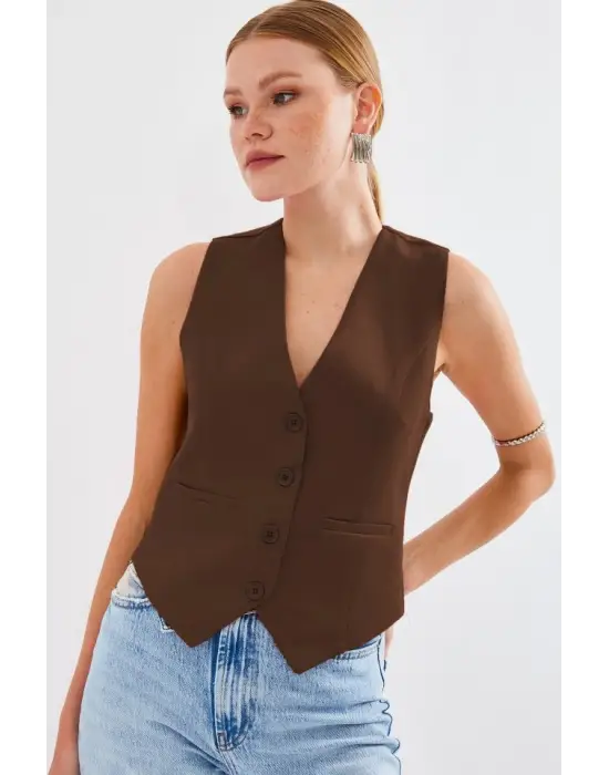 6796 Kısa Dokuma Yelek - Kahverengi