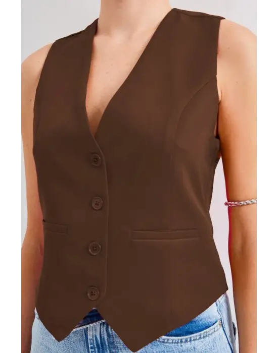 6796 Kısa Dokuma Yelek - Kahverengi