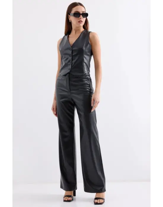 6799 Kısa Suni Deri Yelek - Siyah