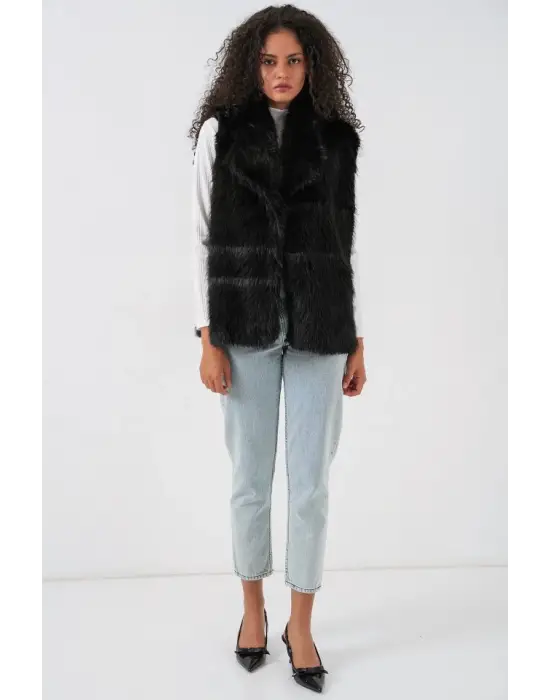 6804 Kürklü Yelek - Siyah