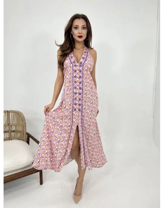 Omarı Mor Renkli Şık Elbise