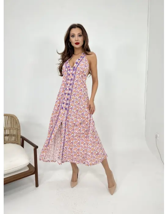 Omarı Mor Renkli Şık Elbise