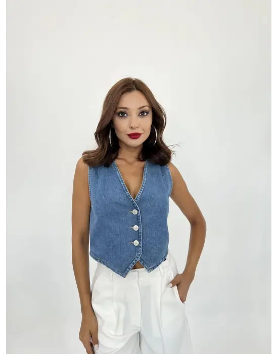 Omarı Yırtık Detaylı Mavi Kot Yelek