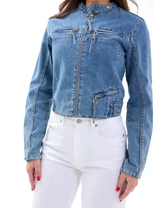 Omarı Yırtık Detaylı Mavi Kot Ceket