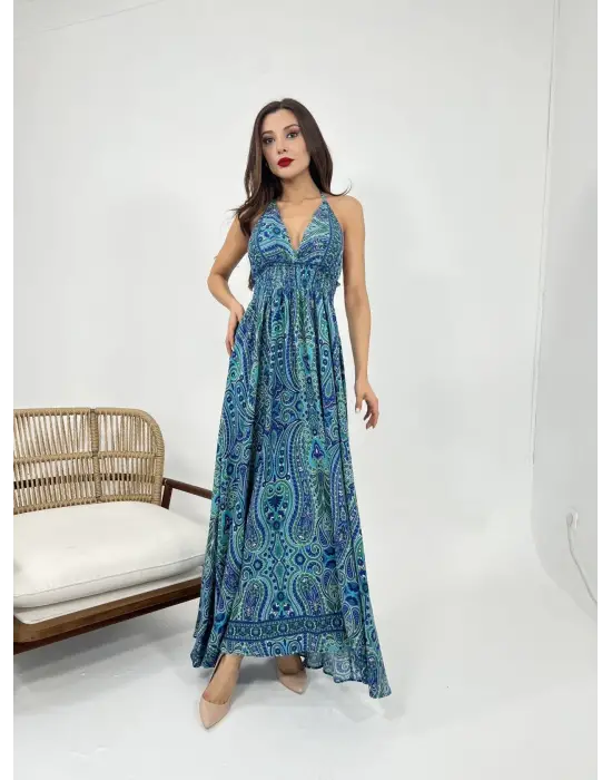 Omarı Kadife Kumaşlı Mavi Elbise