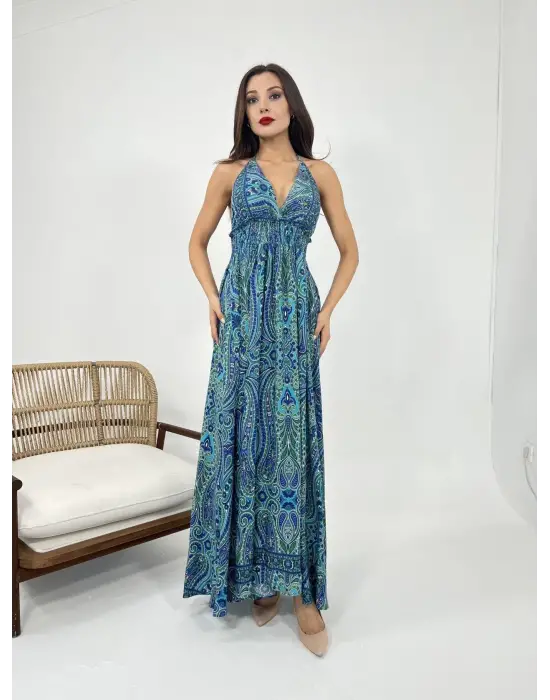 Omarı Kadife Kumaşlı Mavi Elbise