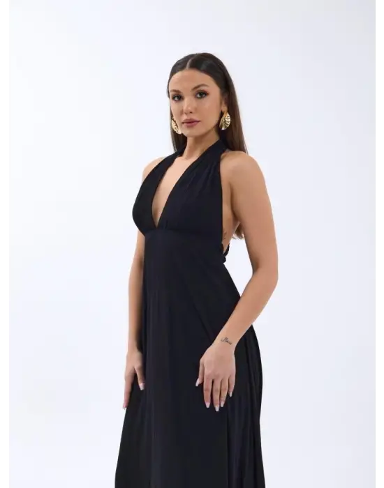 Omarı Derin V Yaka Siyah Elbise