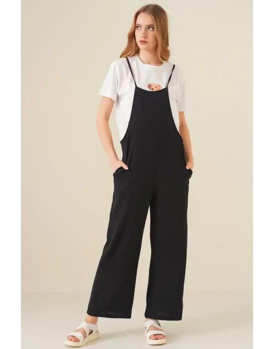 7019 Askılı Bahçivan Tulum - Siyah