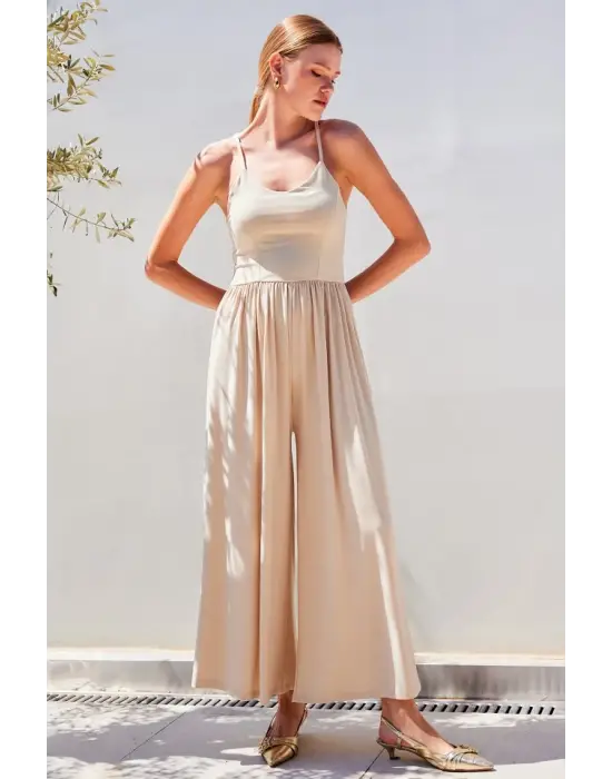 7029 Bol Paça Askılı Tulum - Bej