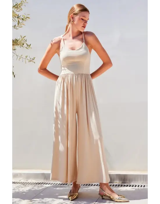 7029 Bol Paça Askılı Tulum - Bej