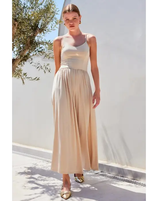 7029 Bol Paça Askılı Tulum - Bej
