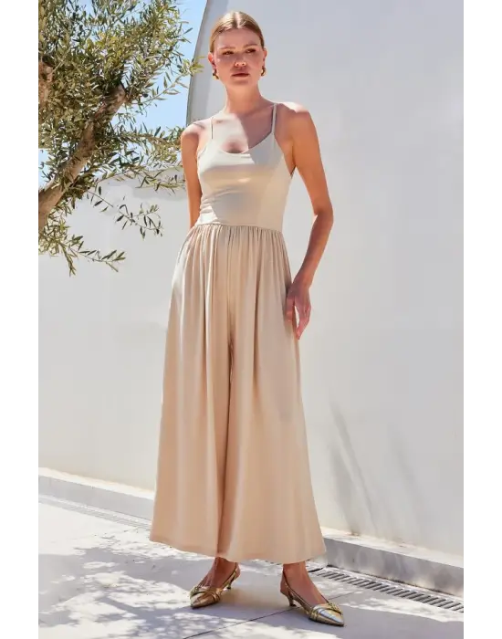 7029 Bol Paça Askılı Tulum - Bej