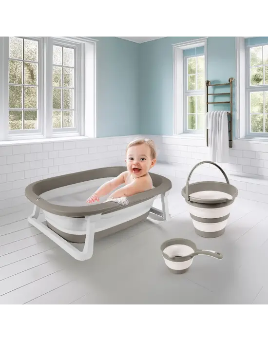 Omarı Katlanabilir Üçlü Bebek Banyo Seti - Gri Renkli