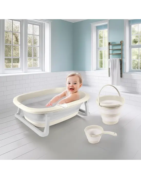 Omarı Katlanabilir Üçlü Bebek Banyo Seti - Gri Renkli