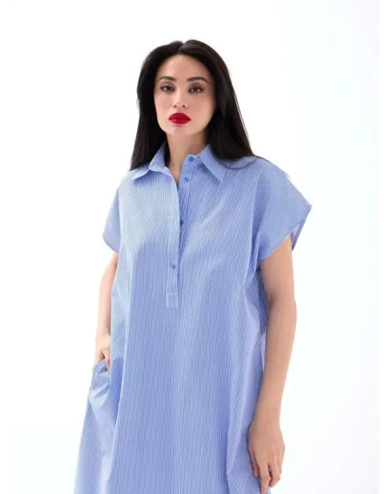 Omarı Şık Mavi Beyaz Çizgili Elbise