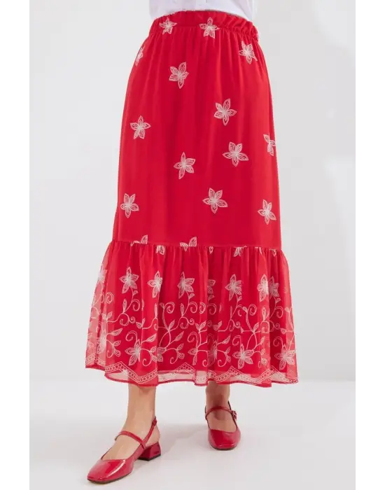 8010 Desenli Şifon Etek - A.Kırmızı