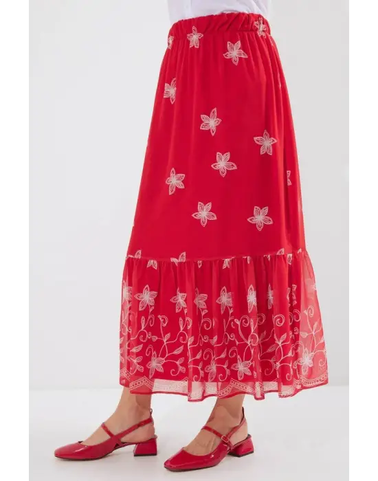 8010 Desenli Şifon Etek - A.Kırmızı