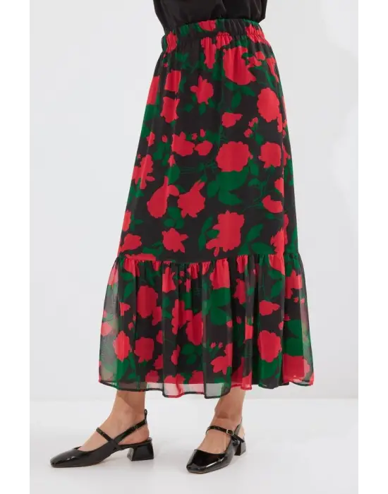 8010 Desenli Şifon Etek - F. Siyah