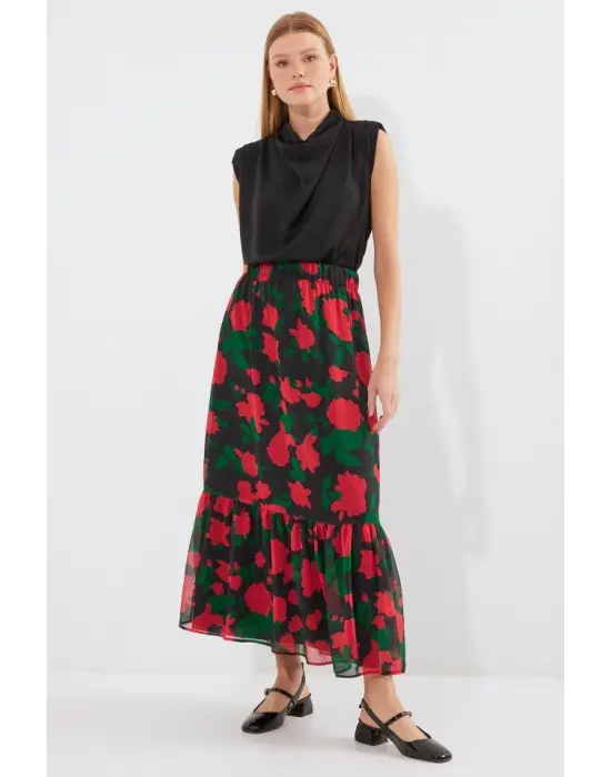 8010 Desenli Şifon Etek - F. Siyah