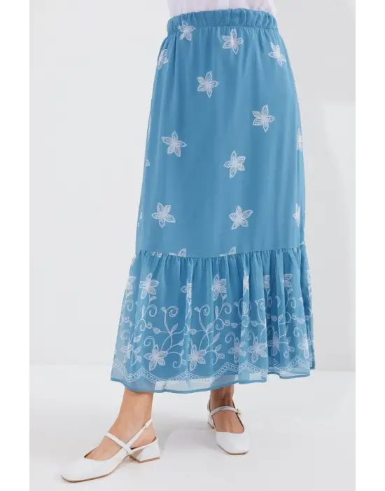 8010 Desenli Şifon Etek - İndigo