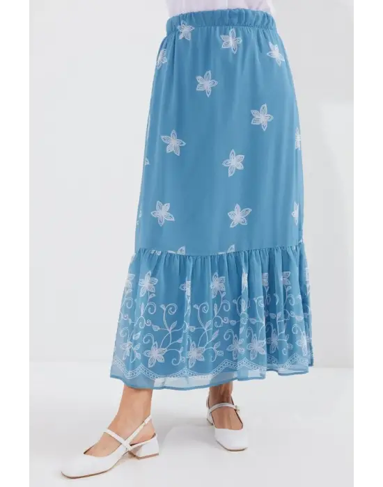 8010 Desenli Şifon Etek - İndigo