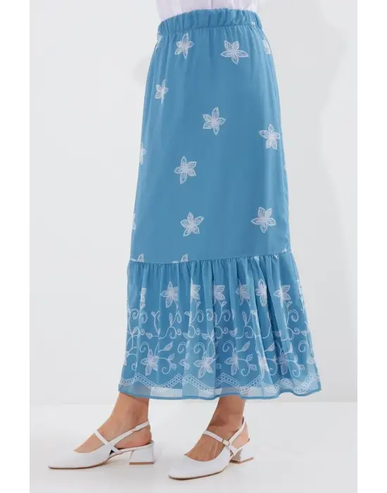 8010 Desenli Şifon Etek - İndigo