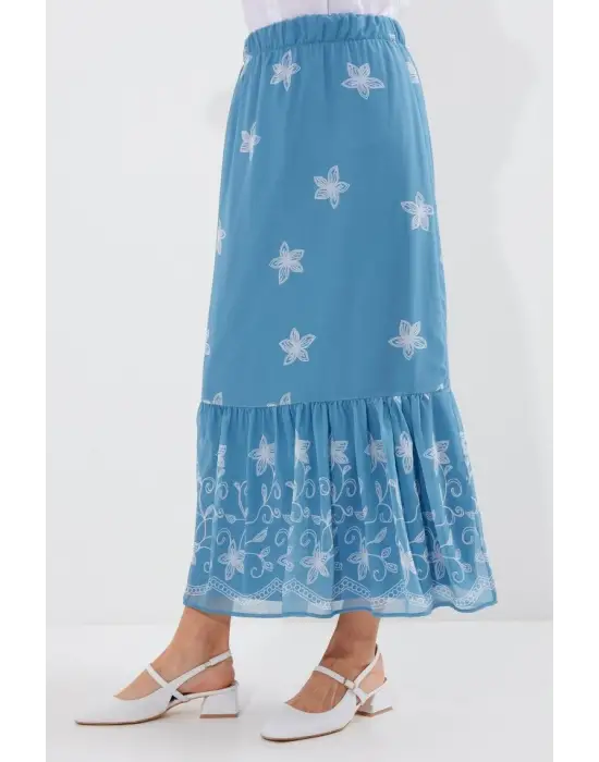 8010 Desenli Şifon Etek - İndigo