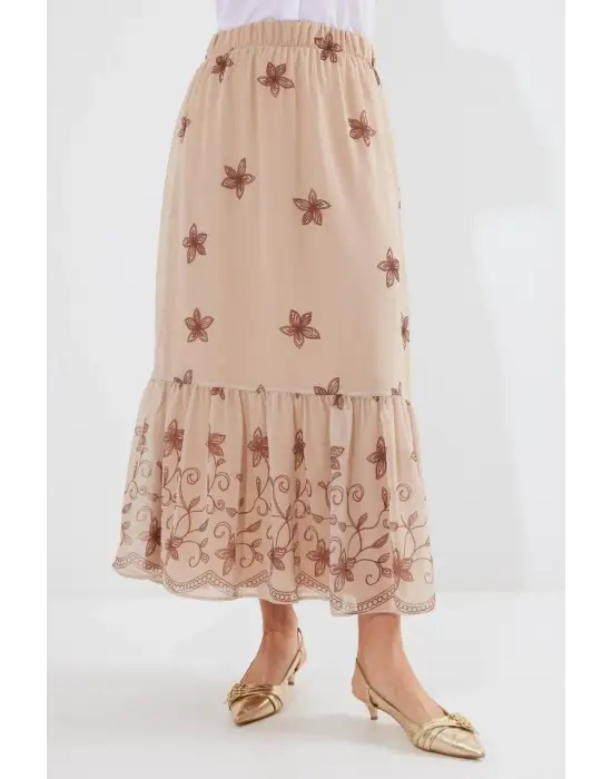 8010 Desenli Şifon Etek - Vizon