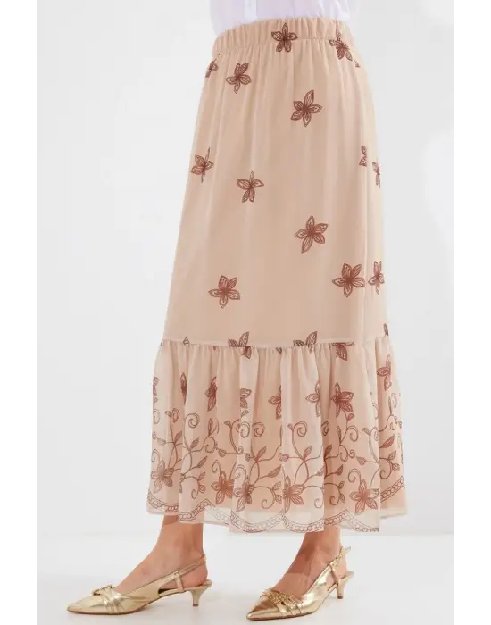 8010 Desenli Şifon Etek - Vizon