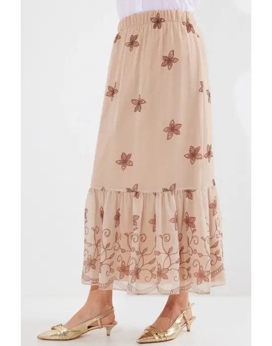 8010 Desenli Şifon Etek - Vizon