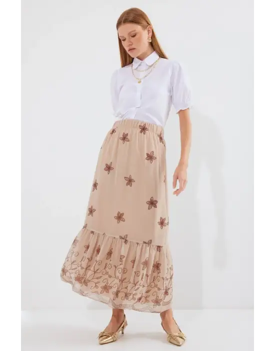 8010 Desenli Şifon Etek - Vizon