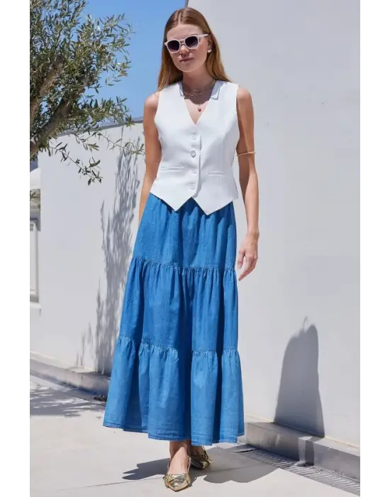 8022 Volanlı Uzun Kot Etek - Lacivert