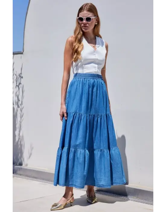 8022 Volanlı Uzun Kot Etek - Lacivert
