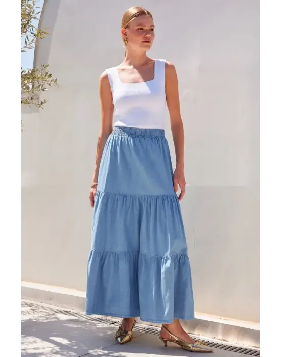 8022 Volanlı Uzun Kot Etek - Mavi