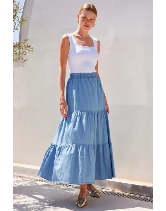 8022 Volanlı Uzun Kot Etek - Mavi