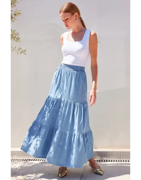 8022 Volanlı Uzun Kot Etek - Mavi