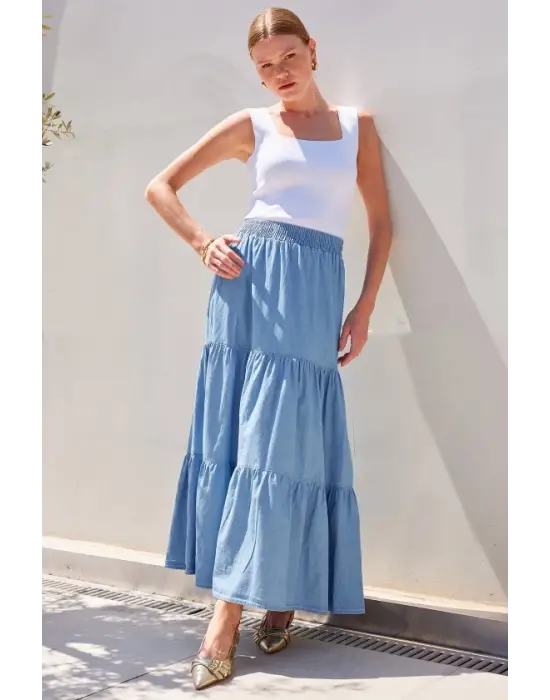 8022 Volanlı Uzun Kot Etek - Mavi