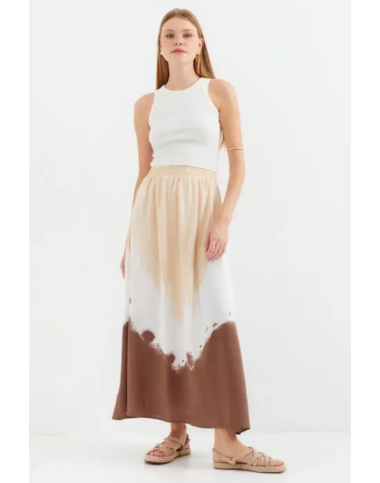 8025 Desenli Uzun Viskon Etek - Bej