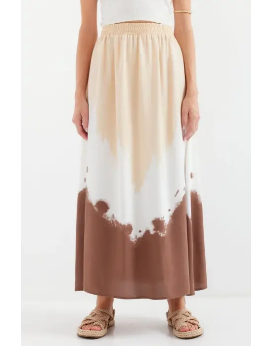 8025 Desenli Uzun Viskon Etek - Bej