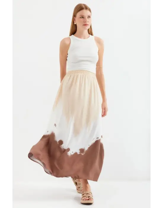 8025 Desenli Uzun Viskon Etek - Bej