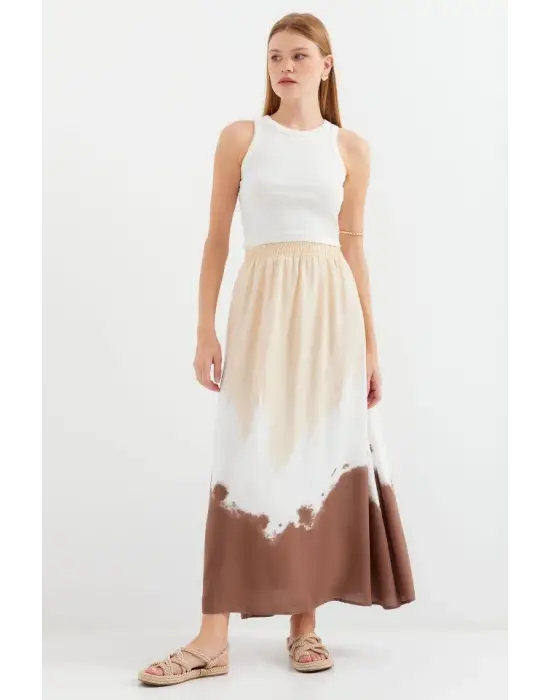 8025 Desenli Uzun Viskon Etek - Bej