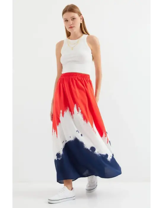 8025 Desenli Uzun Viskon Etek - Kırmızı