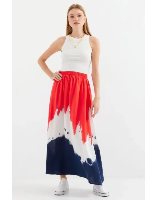 8025 Desenli Uzun Viskon Etek - Kırmızı