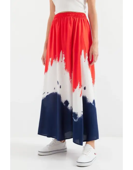 8025 Desenli Uzun Viskon Etek - Kırmızı