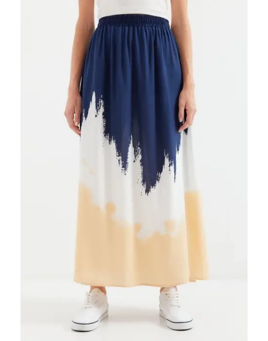 8025 Desenli Uzun Viskon Etek - Lacivert