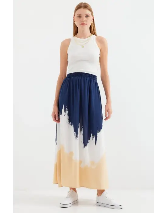 8025 Desenli Uzun Viskon Etek - Lacivert