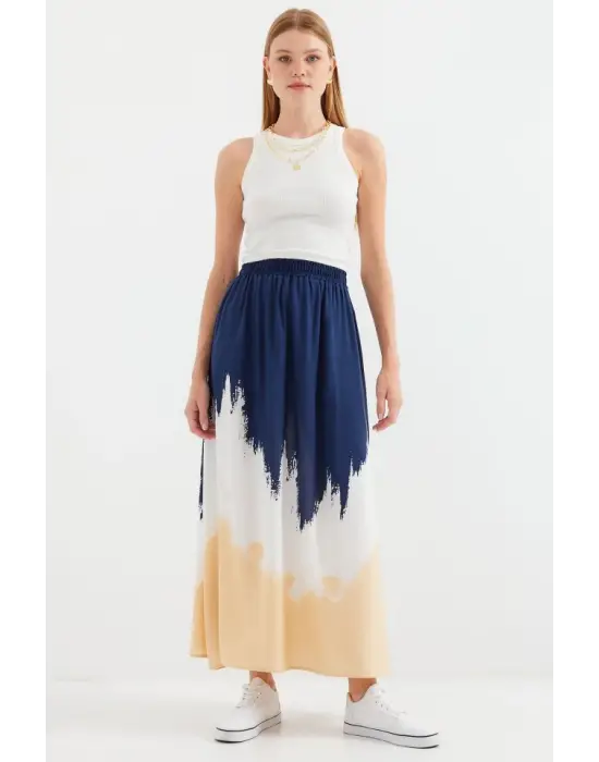 8025 Desenli Uzun Viskon Etek - Lacivert